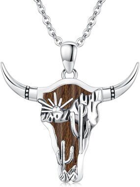 Women's Wood A Sterling Turquoise Pendant Highland Cow Skull Western Necklace
